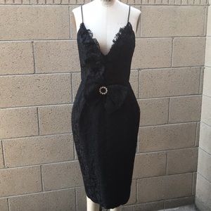 VINTAGE 80’s Women’s S Black Lace Plunging Evening Dress with Bow